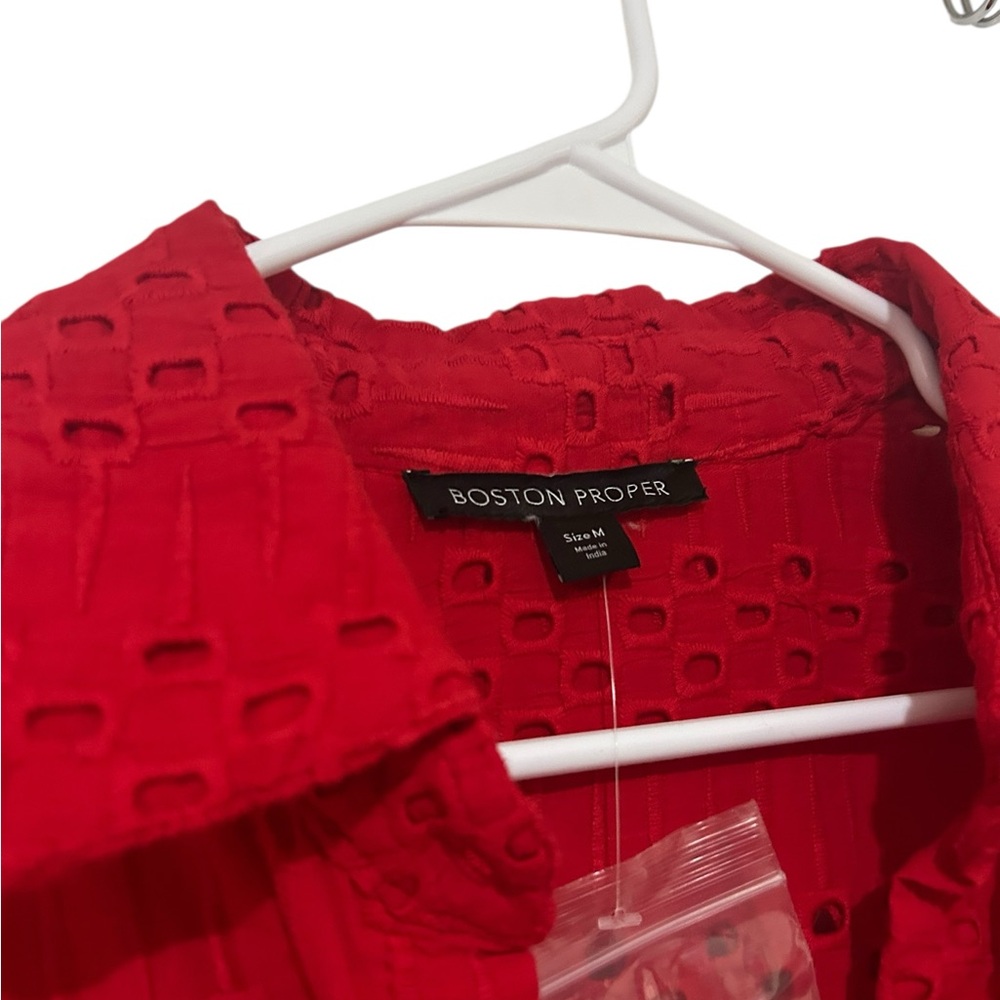 Boston Proper cherry Red schiffli Eyelet collared long sleeve Button-Up Shirt - Picture 4 of 4